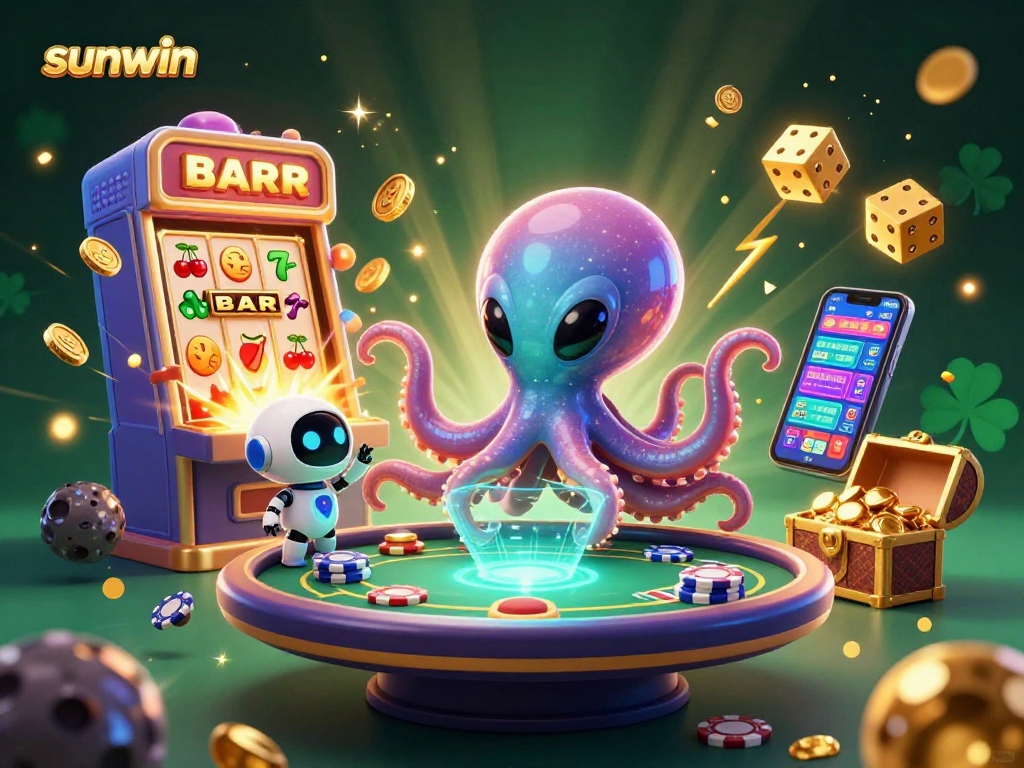 sunwin showcases a 3D alien octopus operating a poker table amid bright casino elements, perfect for players.