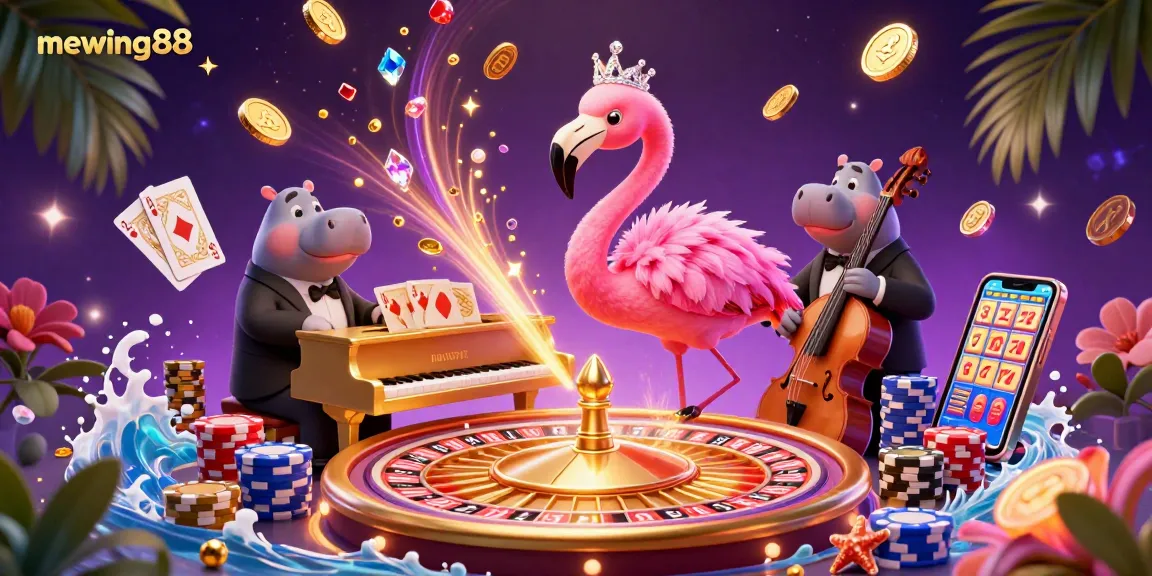 Mewing88 brings luck as dynamic casino characters perform amidst spinning reels and sparkling gems in a vibrant scene.