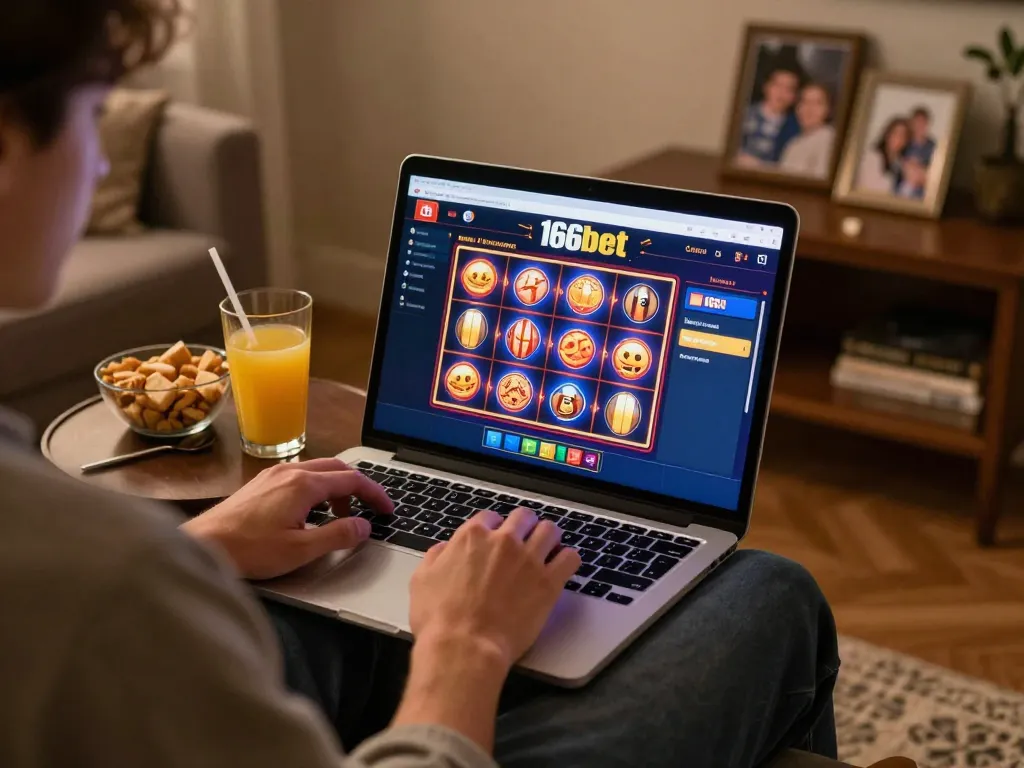Usuário engajado joga slots online da 166bet em um laptop em um ambiente confortável em casa.