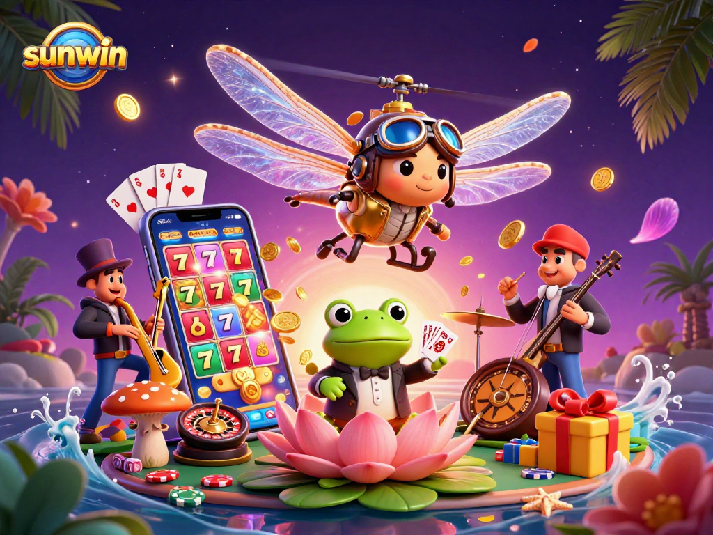 Engage with sunwin's thrilling casino scene, showcasing a vibrant lily pad casino, dragonfly pilot, and froggy dealer.