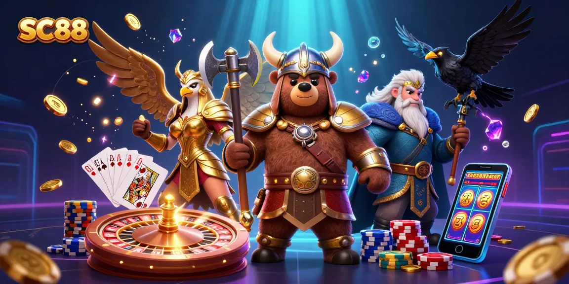 Experience SC88's thrilling gaming scene with a Viking bear and Valkyrie eagle amid a sparkling casino setting.