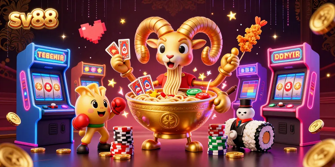 Engage with sv88's vibrant casino gaming world featuring a giant golden ramen bowl dealer.