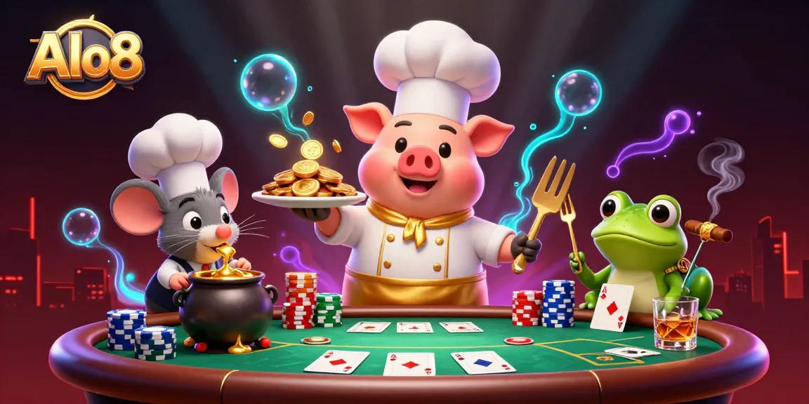 Engage with Alo8's thrilling poker action amidst vibrant coins and characters.