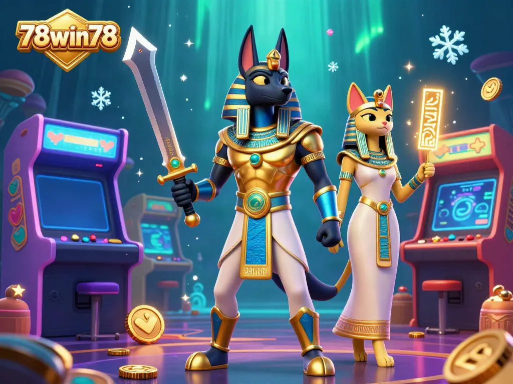 Engage with 78win78 in a vibrant casino scene featuring Anubis and Bastet amidst gaming elements.