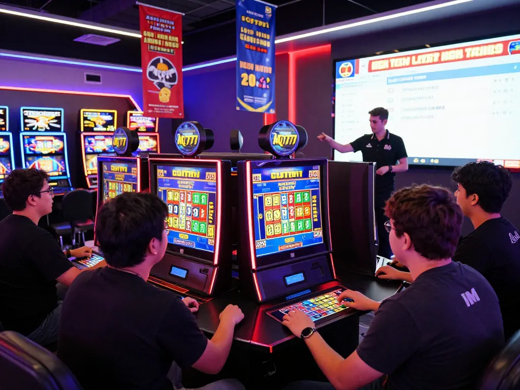 Innovative AQ777 online casino scene showcasing players at dynamic slot machines with vibrant graphics and exciting bonuses.