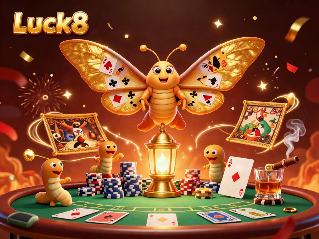 Experience the excitement of Luck8 with an intricate casino scene featuring an impressive atlas moth and glamorous poker elements.