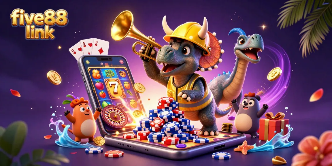 Engage in thrilling games at five88 link with a colorful illustration highlighting exciting slots and poker action.