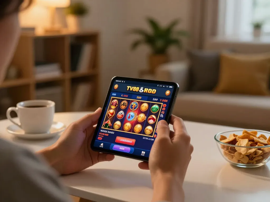 Engaging in strategic gameplay with the TV88 casino app on a smartphone in a cozy home environment.