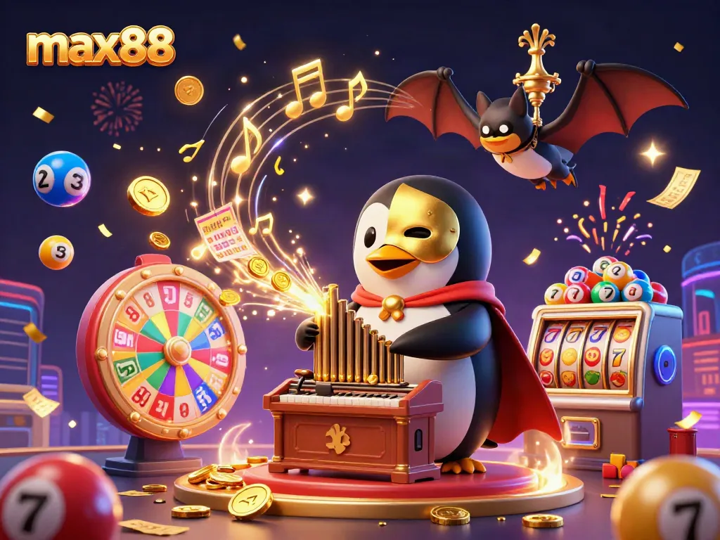 Experience max88's thrilling atmosphere in a vibrant 3D casino scene bursting with colorful game elements.