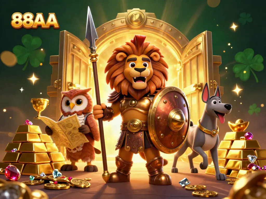 Experience the thrill of 88AA with a Spartan lion and treasures in a vibrant casino scene.