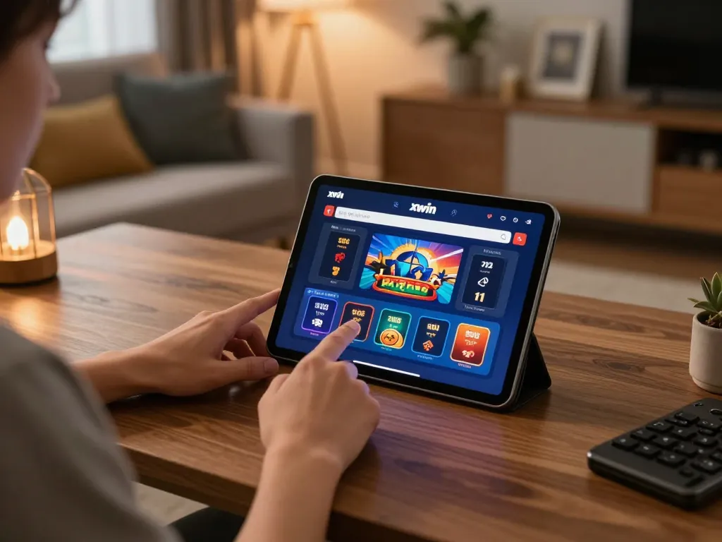 Xwin player engaging with casino app in a cozy home setting for a strategic gaming experience.