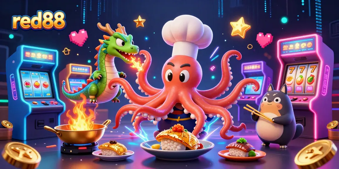 Engage with red88's exciting gaming experience featuring an octopus sushi chef and vibrant arcade elements.