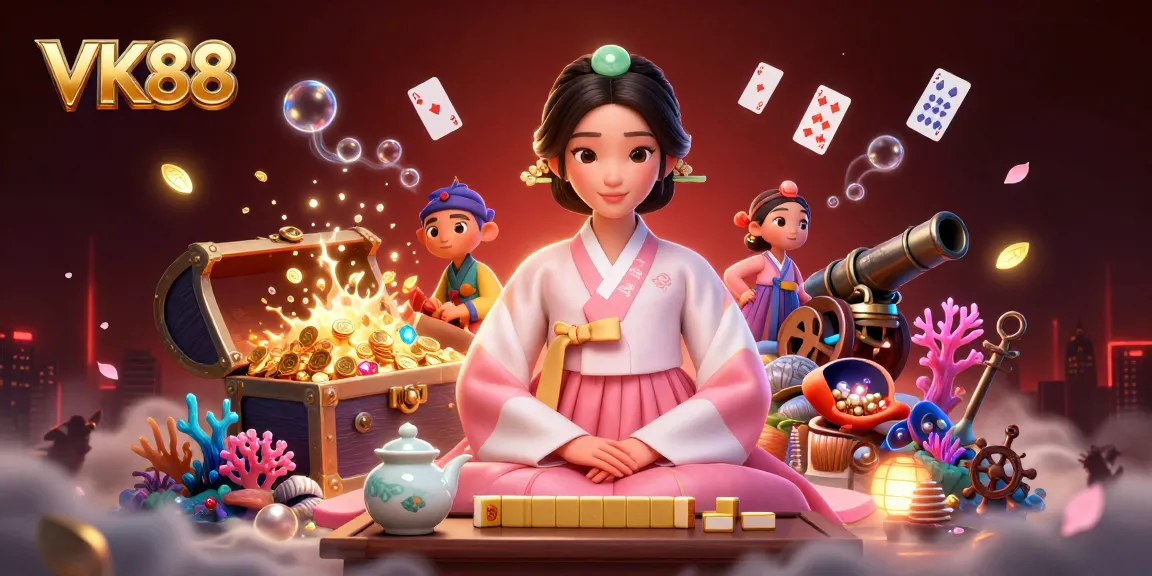 Win big at VK88 with a serene Asian woman in traditional attire and dynamic gaming elements