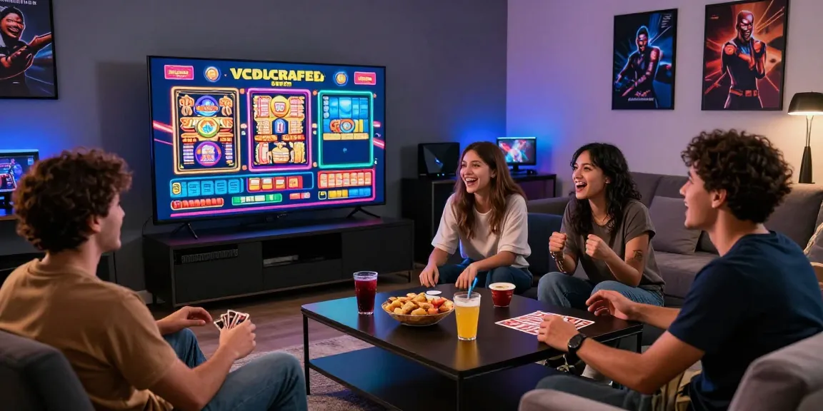 Engaging friends enjoying haywin gaming experience with diverse games and snacks.