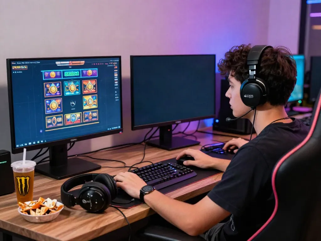 Jogador se divertindo em um jogo de slots com ambiente iluminado e colorido.