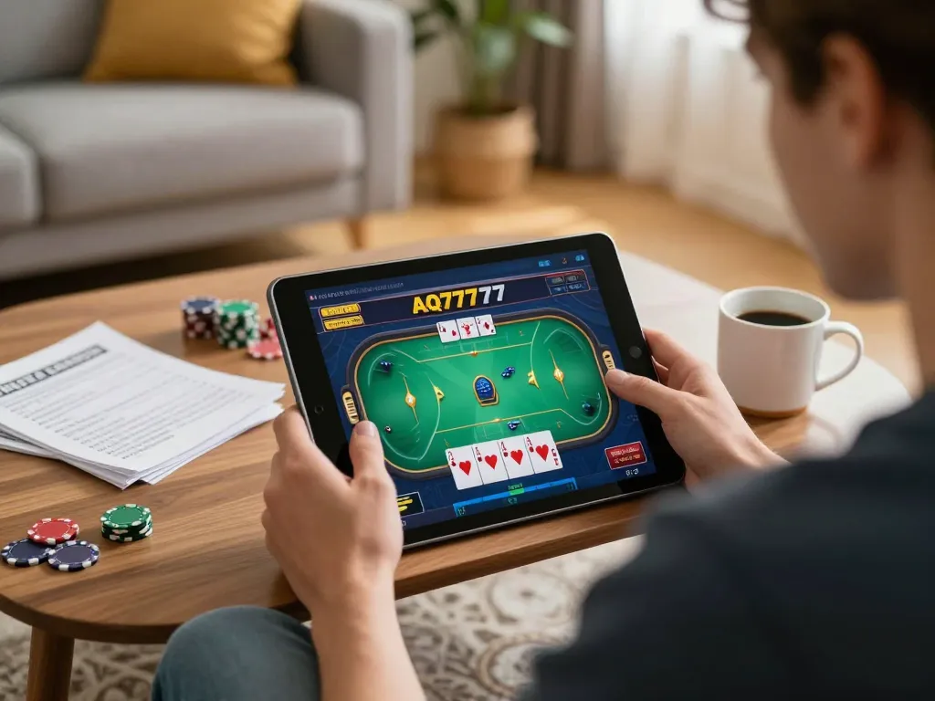 Um jogador aproveitando o poker AQ777 em um tablet em casa, exemplificando a experiência de jogo online.