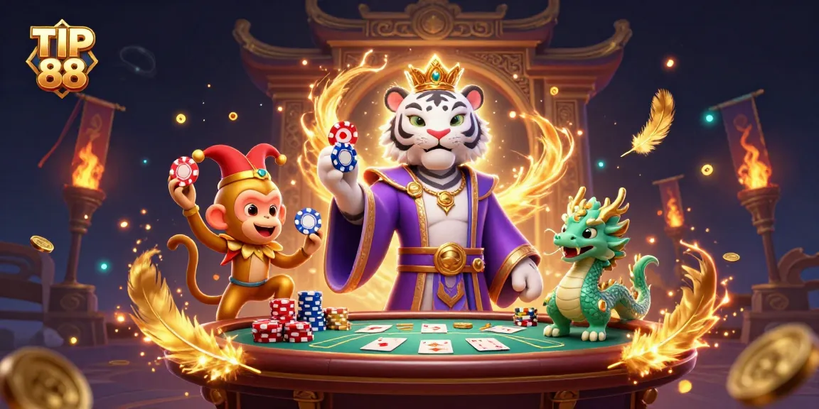 Experience dynamic gaming action with TIP 88 at a lively poker table filled with gold coins and chips.