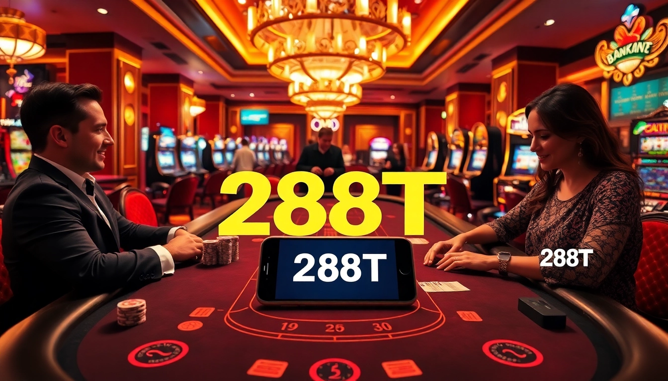 Experience the excitement of 288T with vibrant casino gaming, showcasing poker chips and player engagement.