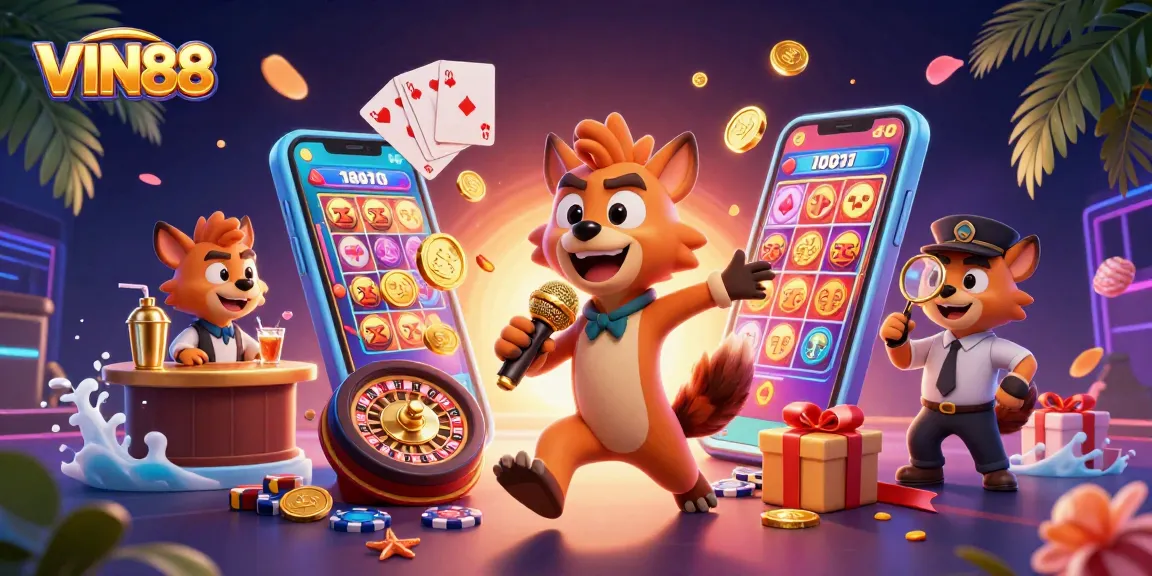 VIN88 hyenas entertain in a vibrant comedy casino club full of slots and games.