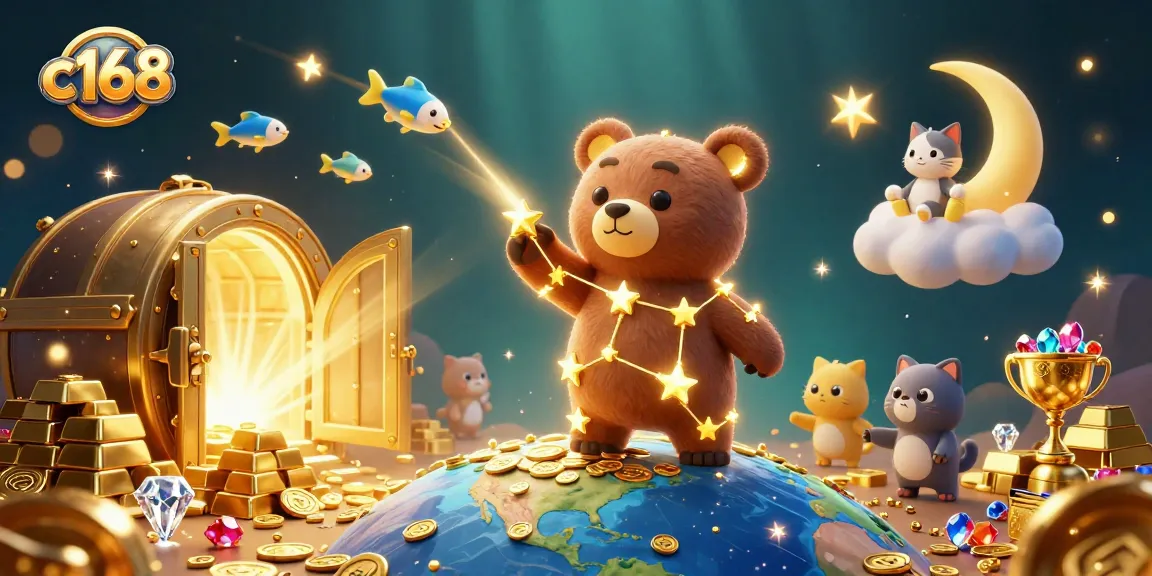 Experience winning with c168 as the constellation bear gathers coins amidst gold treasures and celestial companions.