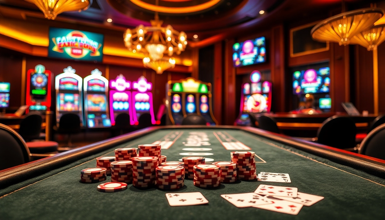 rr888 players enjoying an exciting night at a luxurious casino poker table with vibrant slot machines.