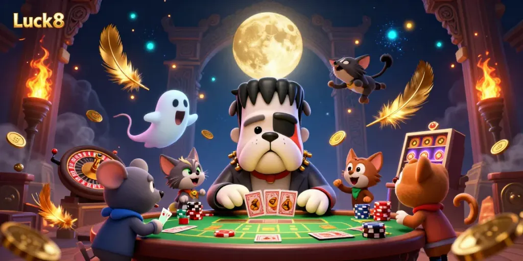 Luck8 casino scene with a Frankenstein bulldog croupier and dynamic gaming elements