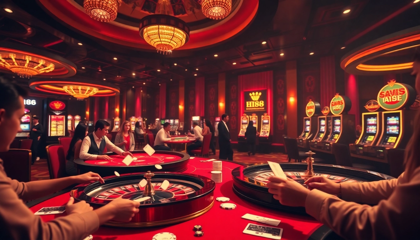 Hi88 gaming scene with players enjoying poker and roulette in a luxurious casino.