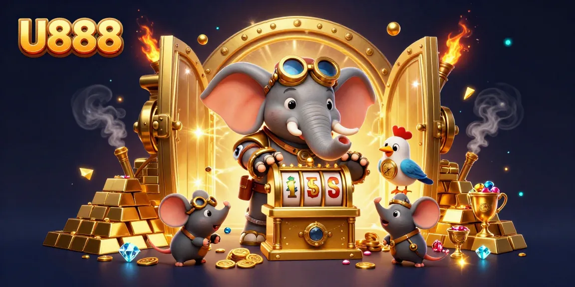 Win big with U888 in a vibrant casino setting featuring a steampunk elephant and treasures.