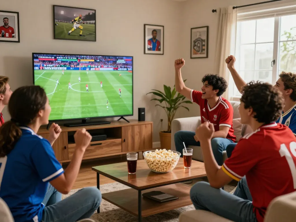Lương Sơn TV fans enjoying a live football match in a cozy living room.