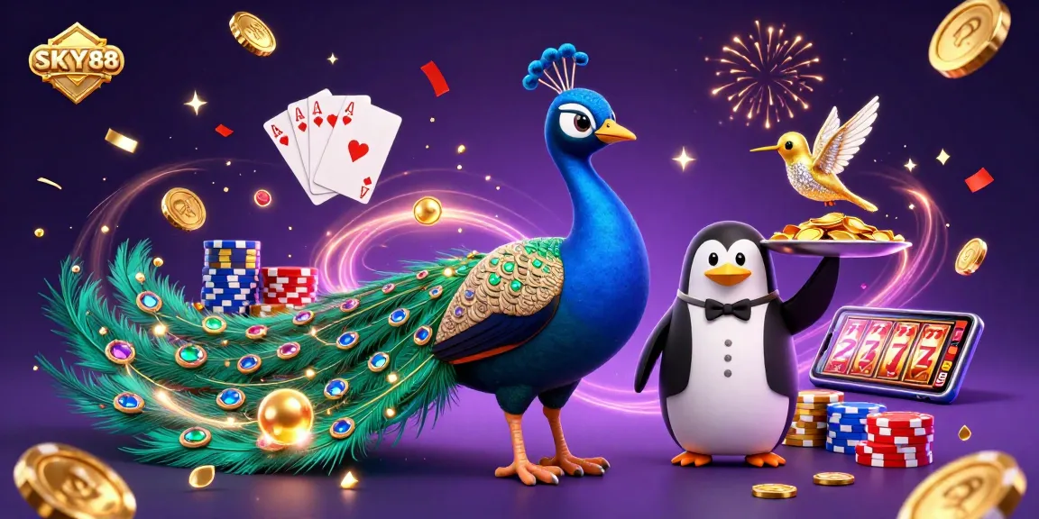 Experience thrilling gambling action at SKY88 with vibrant characters and casino elements.