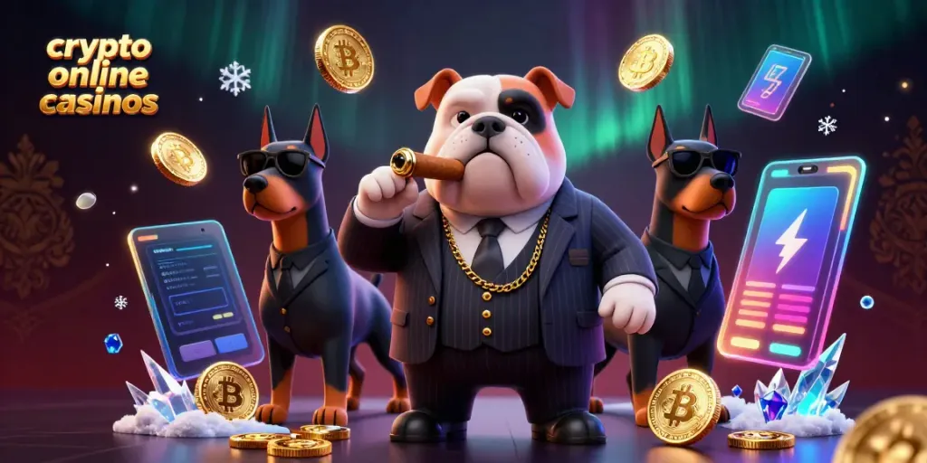 Engaging scene of a mafia bulldog and Dobermans in a crypto online casinos setting, surrounded by glowing coins and blockchain elements.