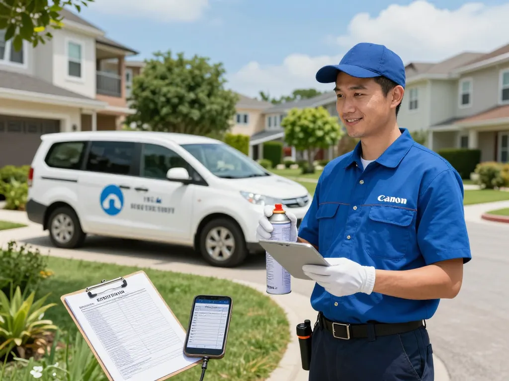 Professional pest control technician inspecting a home for Dedetizadora services, showcasing tools and a clean vehicle.