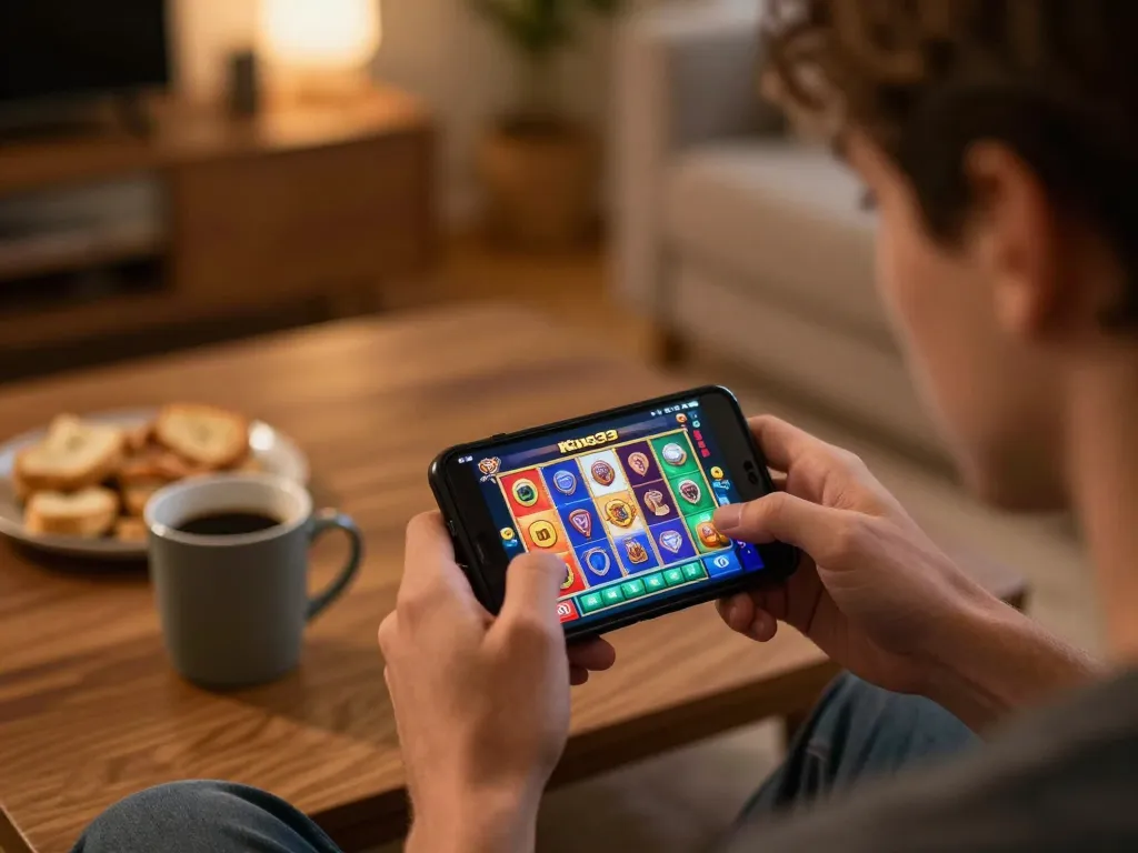 Engaging mobile gameplay on King33 casino app showcasing live slots in a cozy home setting