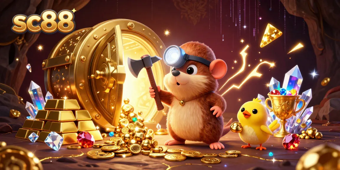"Exciting sc88 treasure hunt in a 3D cartoon illustration, showcasing rich gold and jewels in a lively casino scene."