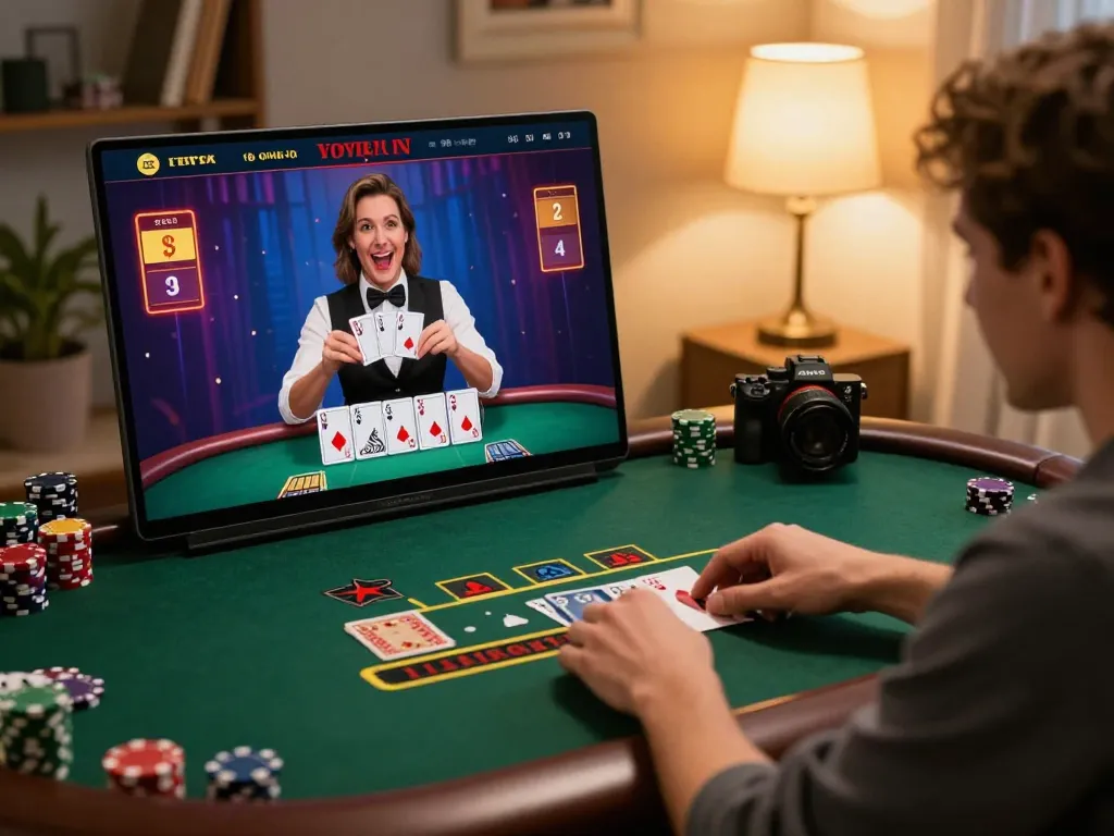 Player engaged in live dealer blackjack on https://33cc.info/, illustrating an interactive home gaming experience.