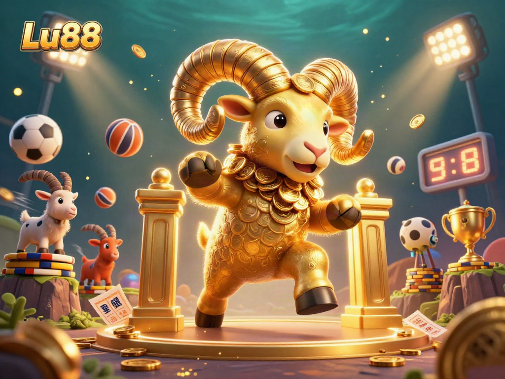 Experience wins with Lu88, showcasing a golden ram and dynamic sports elements in 3D.