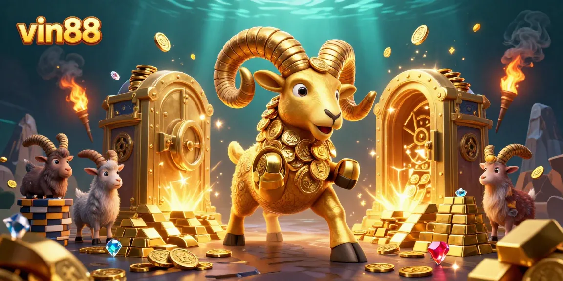 Experience winning strategies with vin88's dynamic golden ram and treasure-filled scene.