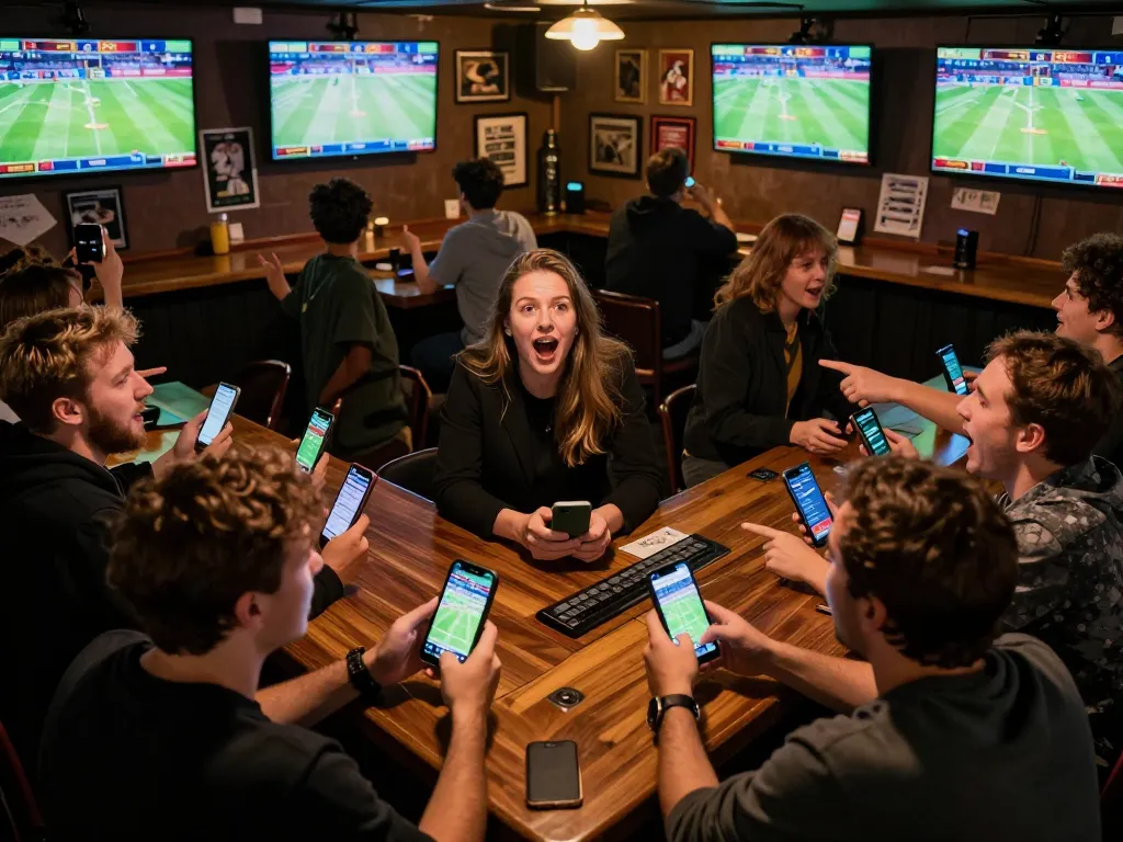 Active sports betting scene at a lively bar, showcasing 99ok app on smartphones.