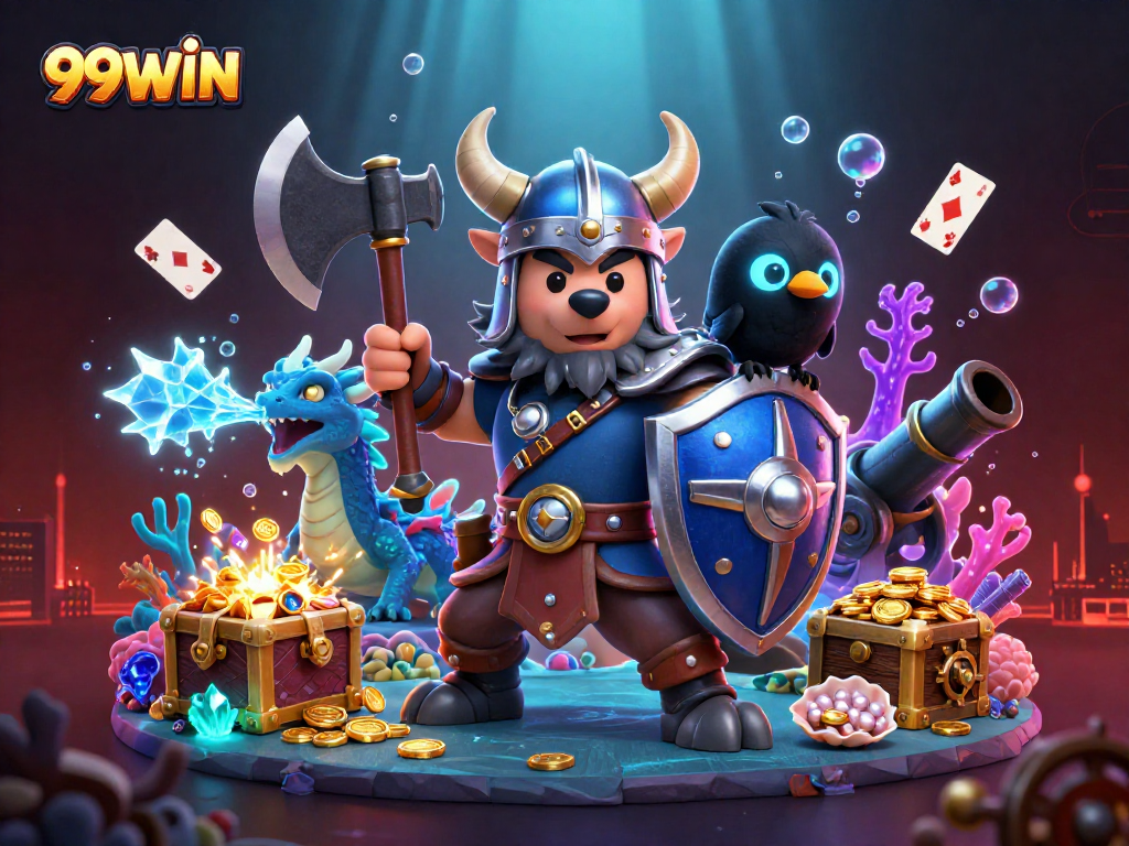 Spin the reels at 99WIN's vibrant casino scene featuring heroes and treasures.