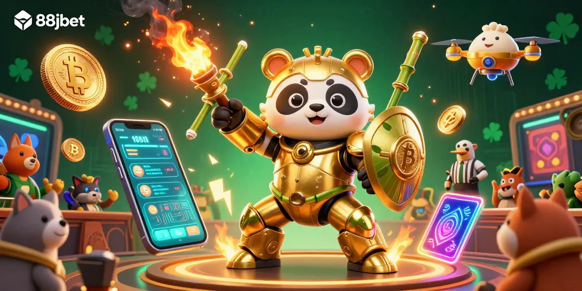 Join the action at 88jbet with vibrant casino elements and a golden panda in a mech suit.