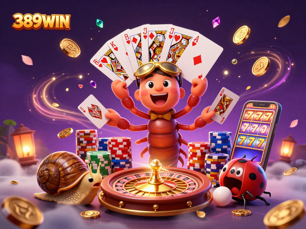 Spin and win at 389WIN with animated characters and casino elements enriching the gambling experience.