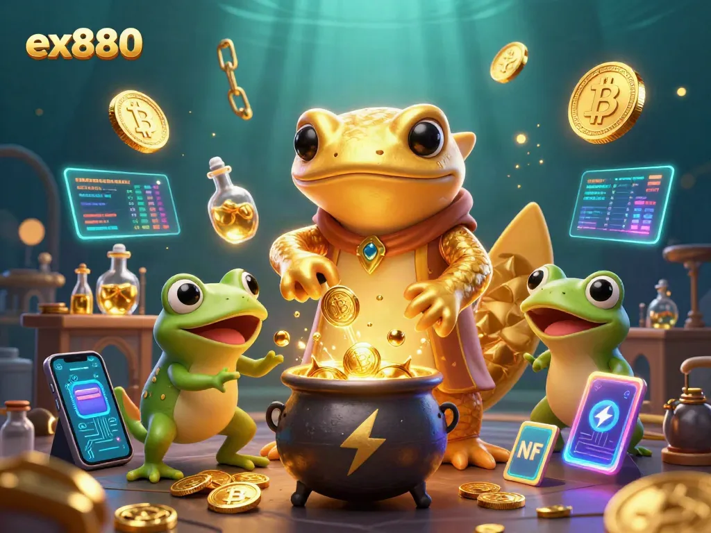 Experience the excitement of ex880 with a vibrant 3D scene of animated characters in a magical casino world.