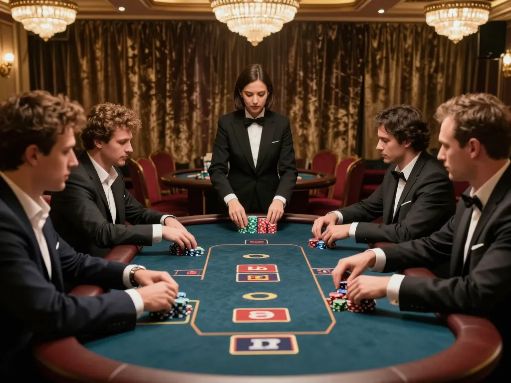 Players engaged in a tense poker game at 27G casino, showcasing strategic gameplay and luxurious atmosphere.
