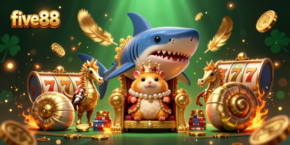 Join the excitement at five88 with a golden hamster king surrounded by dazzling casino elements.