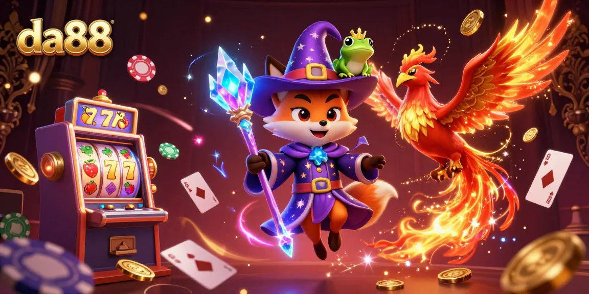 Experience da88 slots with a whimsical wizard fox, phoenix, and vibrant gameplay elements.