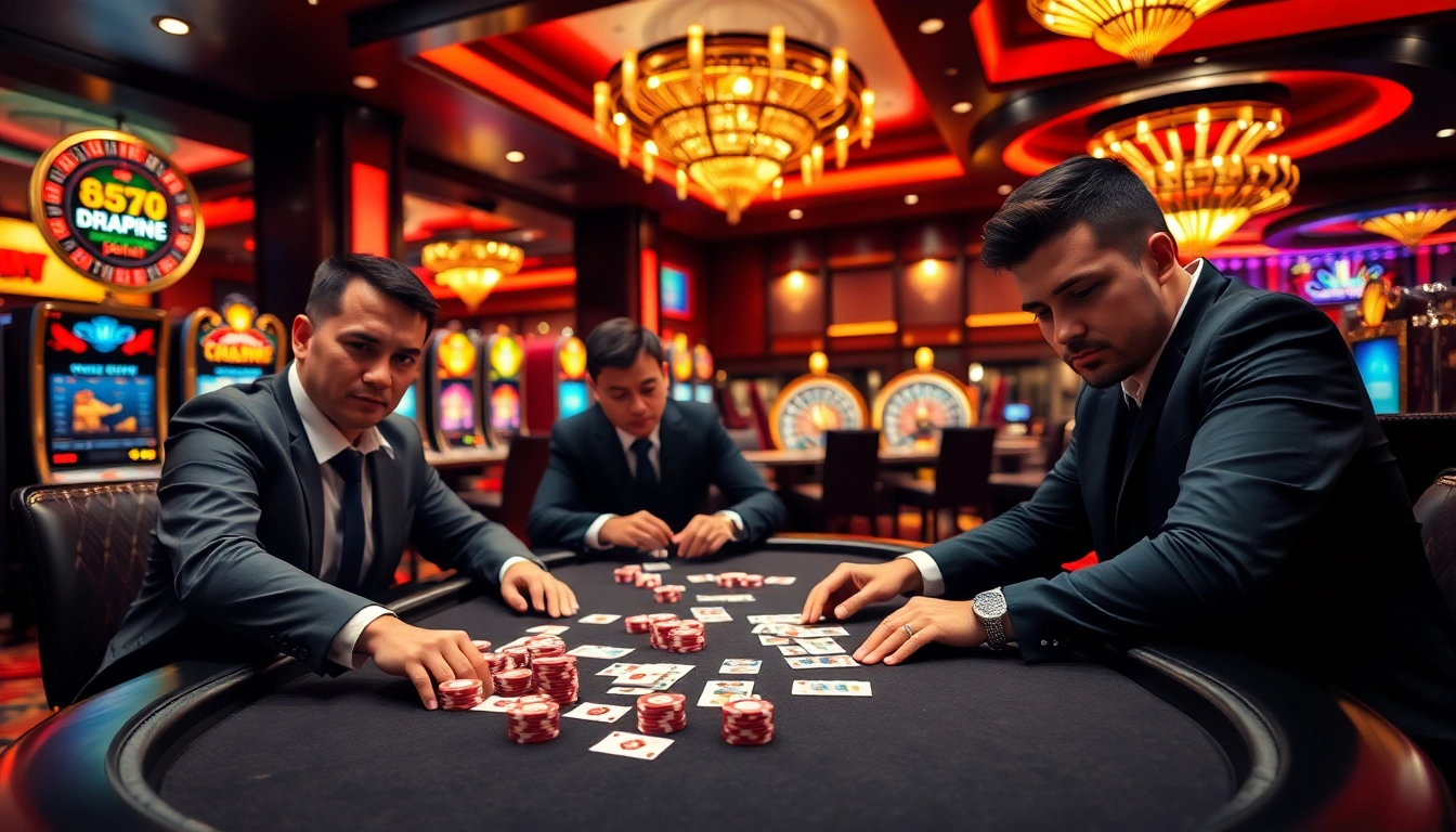 Bet88 đăng nhập experience with professional gamblers engaging at a vibrant poker table in a luxurious casino.