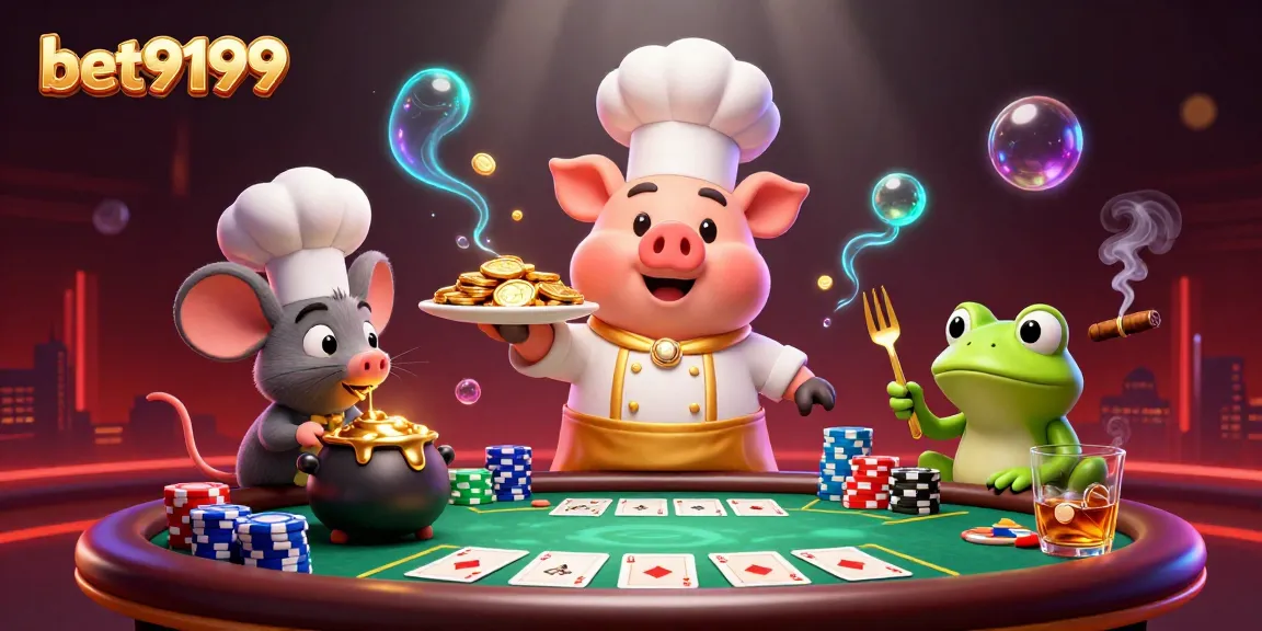 Engage in thrilling games at bet9199 with chefs, gold coins, and vibrant poker elements.