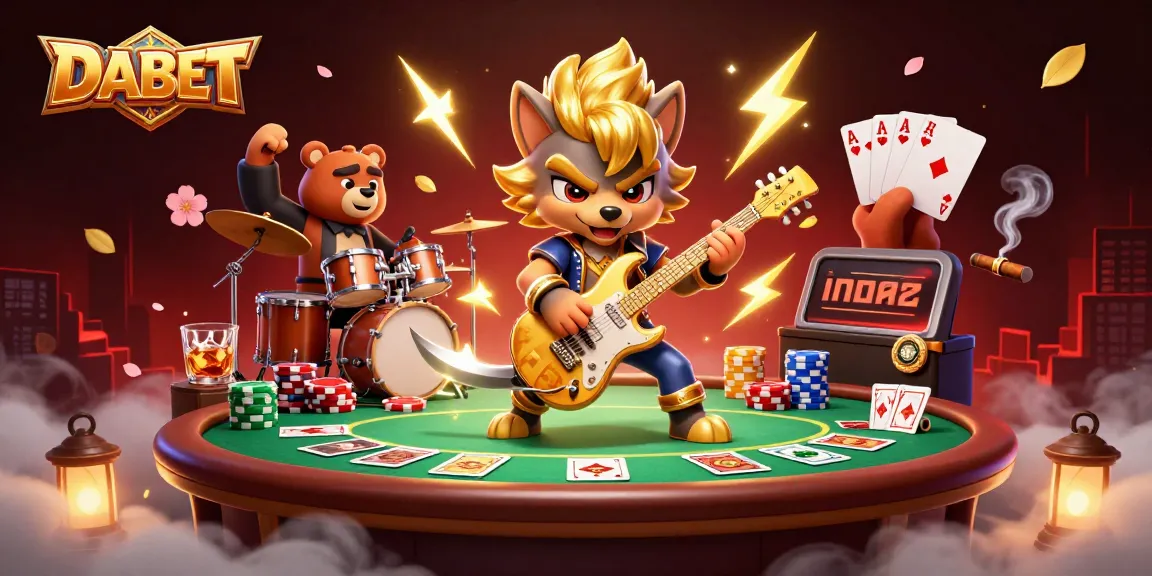 DABET showcases an electrifying scene with a rock star wolf and drummer bear amidst a vibrant casino environment, symbolizing online gaming excitement.