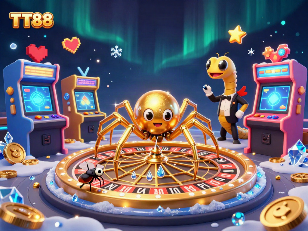 Experience TT88's vibrant casino action with a golden spider and centipede croupier in a detailed scene.