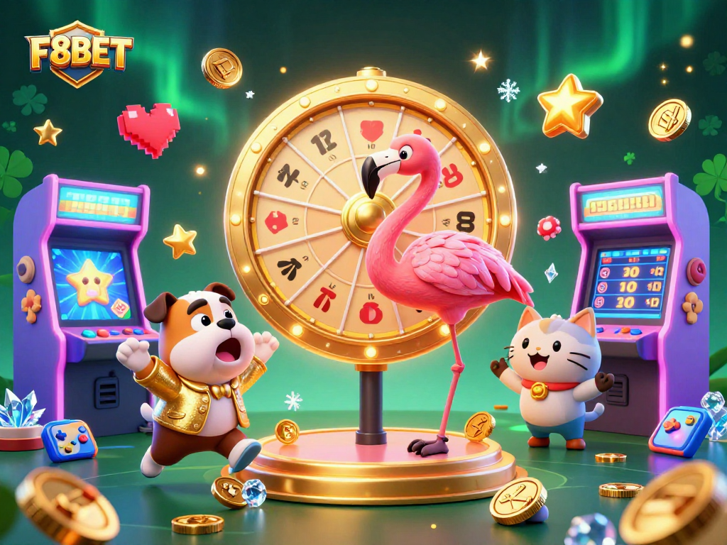 Experience thrilling gameplay with F8BET's vibrant casino games and rewards in this dynamic illustration.